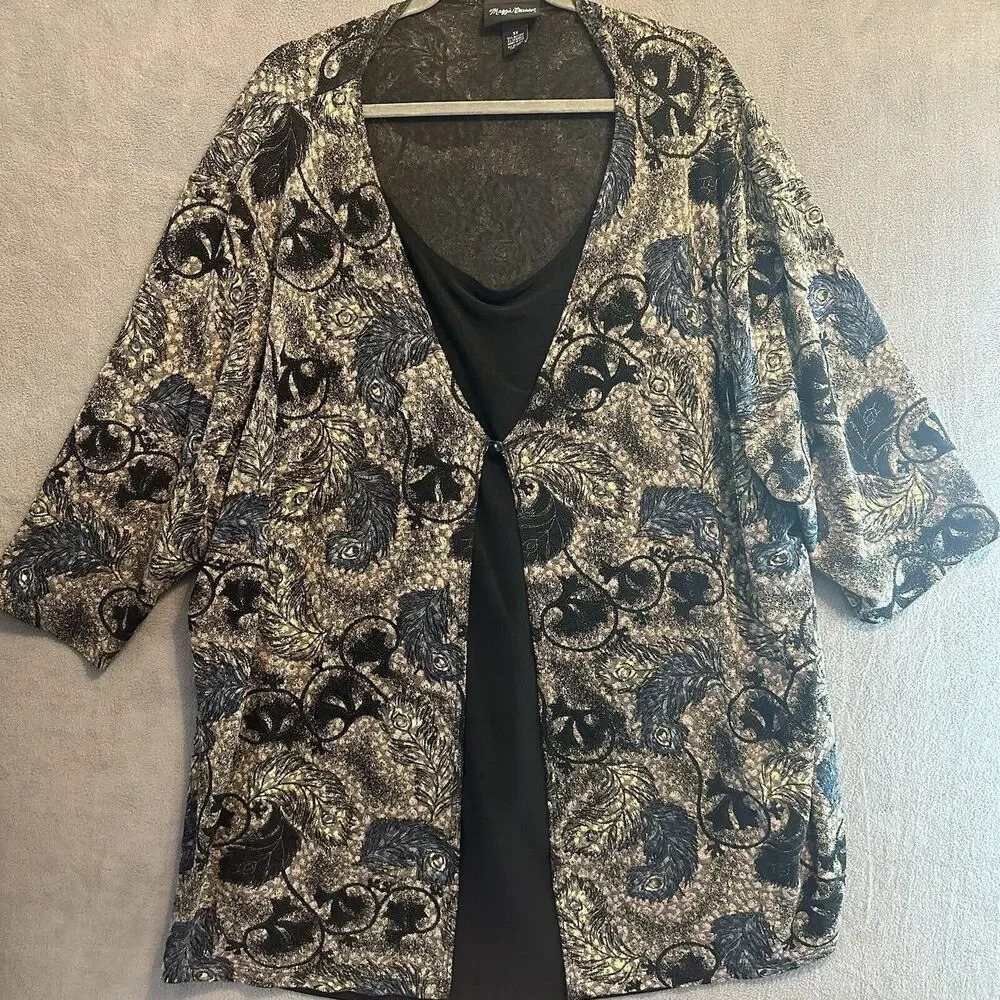 Maggie Barnes Tank Top Cardigan‎ Set Layered Peacock Print Velvet Plus Size 3X